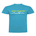 camiseta swimcounter KM en celeste logo amarillo parte delantera