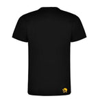 Camiseta de manga corta de punto liso de algodón negra con logo amarillo trasera