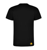 Camiseta de manga corta de punto liso de algodón negra con logo amarillo trasera