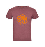 Camiseta de manga corta en granate  jaspeado con logo de medusa en naranja