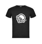 Camiseta de manga corta en negro jaspeado con logo de medusa en blanco