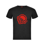 Camiseta de manga corta en negro jaspeado con logo de medusa en rojo