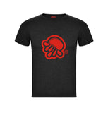 Camiseta de manga corta en negro jaspeado con logo de medusa en rojo