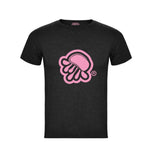 Camiseta de manga corta en negro jaspeado con logo de medusa en rosa palo
