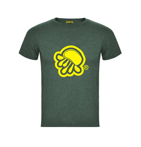 Camiseta de manga corta verde jaspeado con logo de medusa en amarillo