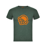Camiseta de manga corta verde jaspeado con logo de medusa en naranja