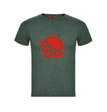 Camiseta de manga corta verde jaspeado con logo de medusa en rojo