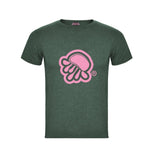 Camiseta de manga corta verde jaspeado con logo de medusa en rosa palo
