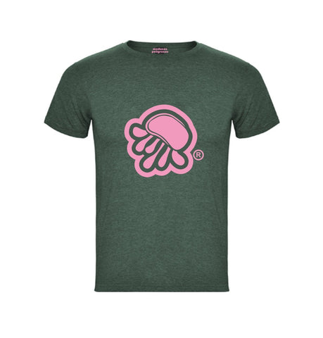 Camiseta de manga corta verde jaspeado con logo de medusa en rosa palo