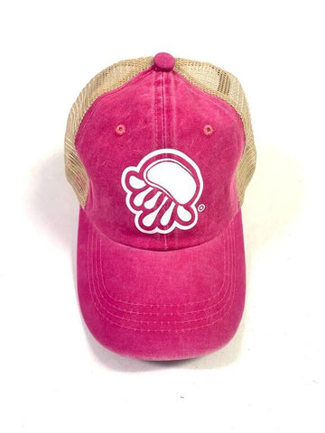 gorra rejilla rosa con emblema de medusas peligrosas vista frontal